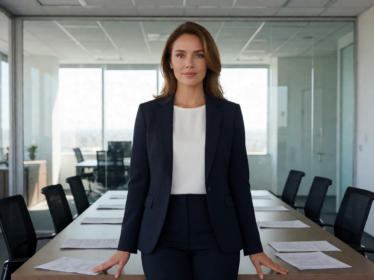 欧美熟女女上司图,成年女性穿深色西装站在玻璃办公室会议桌前
